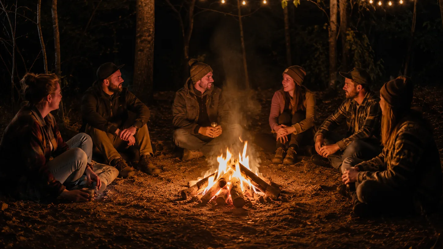 Eine Gruppe Freunde sitzt abends um ein Lagerfeuer, darüber Lichterketten
